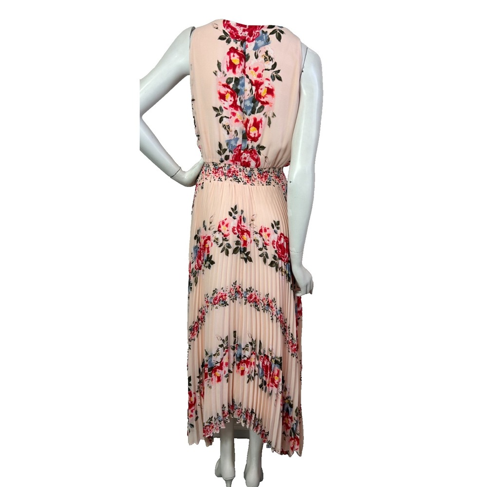 WHBM Maxi Plisse Dress Size 4 Pink Floral Chiffon V-Neck Sleeveless Zip EUC - Picture 4 of 15